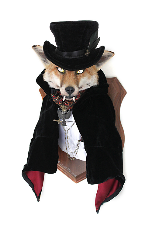 Anthropomorphic Taxidermy Fox Count with Glowing Eyes by Lucia Mocnay