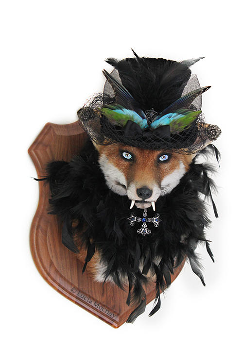 Anthropomorphic Taxidermy Art Vampire lady Fox with Glowing eyes by Lucia Mocnay