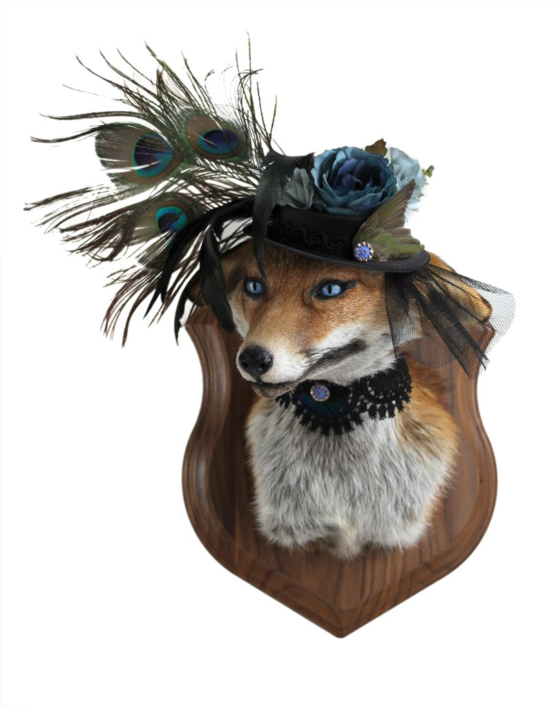 Anthropomorphic Taxidermy Art Fox Lady with Cabaret Blue Eyes by Lucia Mocnay